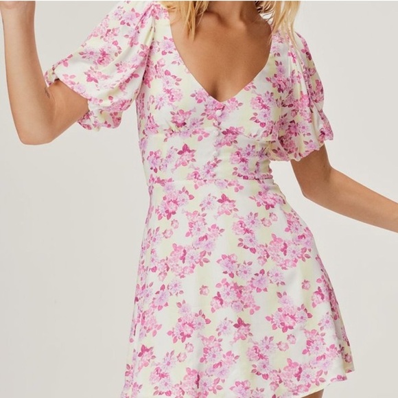 For love and lemons / Atlanta yellow purple puff sleeve floral  Mini Dress M - Picture 3 of 7